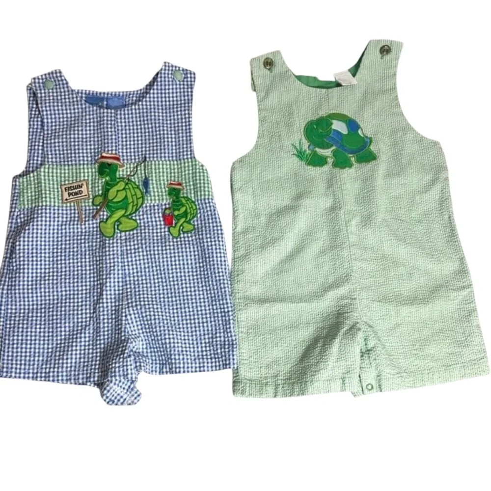 Bundle of 2 Turtle appliqué Rompers Gingham stripe novelty 24M summer pr…
